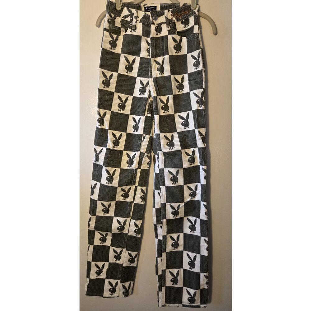 PlayBoy Game Of Bunnies Corduroy Green Checkered 90’s Boyfriend Jeans 24 X 32